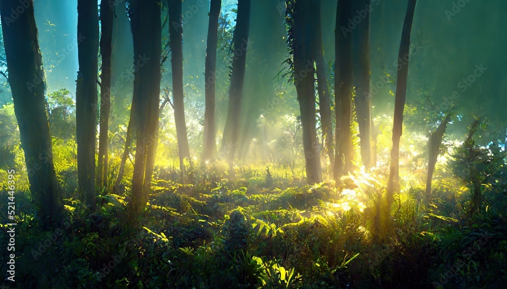 Raster illustration of morning in the forest. The sun's rays fall on ...