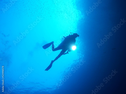 person scuba diving in the blue sea