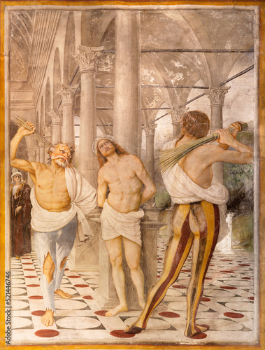 VARALLO, ITALY - JULY 17, 2022: The renaissance fresco of Flagellation in the church Chiesa Santa Maria delle Grazie  by Gaudenzio Ferrari (1513).