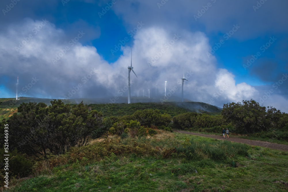 Windpark on the island of Madeira, Portugal, near Bica Da Cana viewpoint. Early morning, october 2021