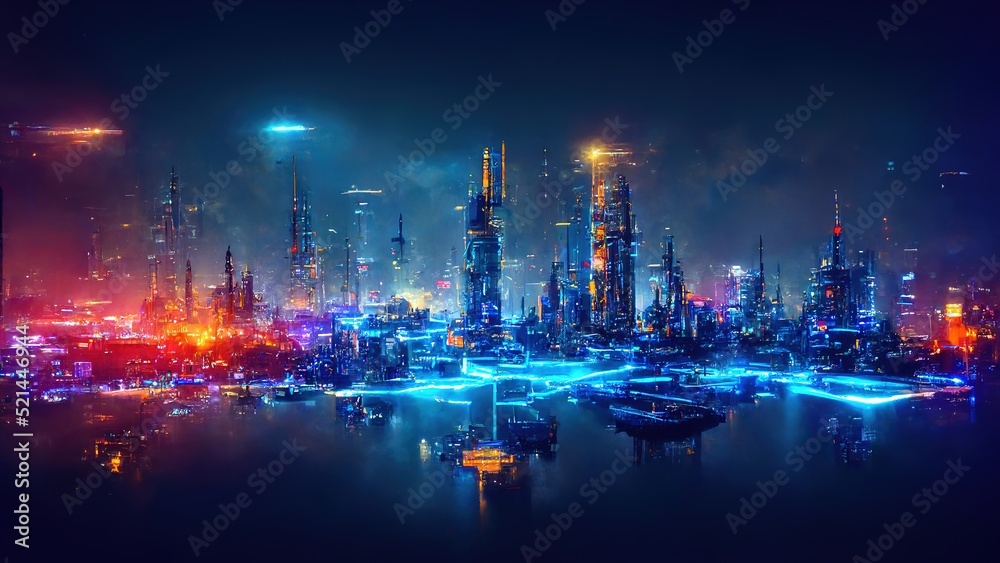 Raster illustration of city of the future. artificial intelligence