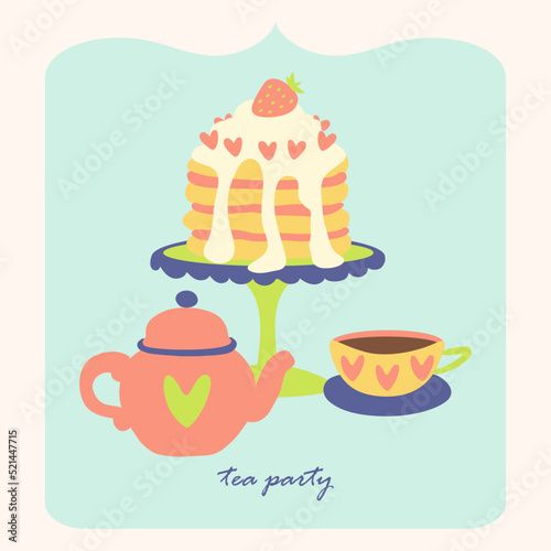 Cake and tea vector set. Food, bakery design. Flat style gift card. Tea party invitation. Heart ornate teapot, cup, strawberry whipped cream cake. Birthday party.