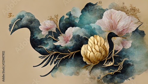 Fototapeta Naklejka Na Ścianę i Meble -  Raster illustration of composition of flowers constituting the image of a peacock. Daffodils, chrysanthemums, overseas bird, secret meaning, pastel colors, romantic style. 3D rendering artwork