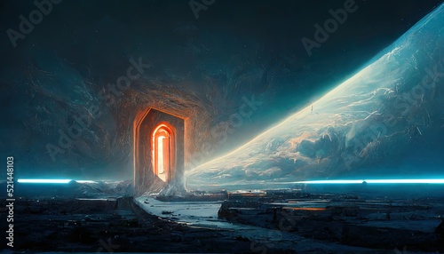 Raster illustration of portal in a parallel world. Astronomy, mysticism, magical realism, gates, fantastic teleport to an alien planet, an entrance to parallel world. 3D artwork