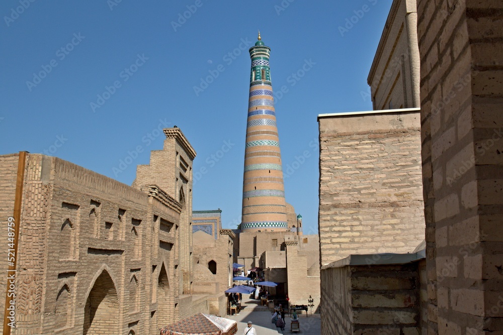 Khiva (Xiva) city was founded in the 6th century. View of the historic center of Itchan Kala The tallest building is the Islam Khoja minaret, 56 meters high. Uzbekistan. 