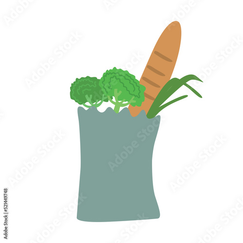 Vegetables and bread in bag semi flat color vector object. Grocery products. Full sized item on white. Buying food simple cartoon style illustration for web graphic design and animation