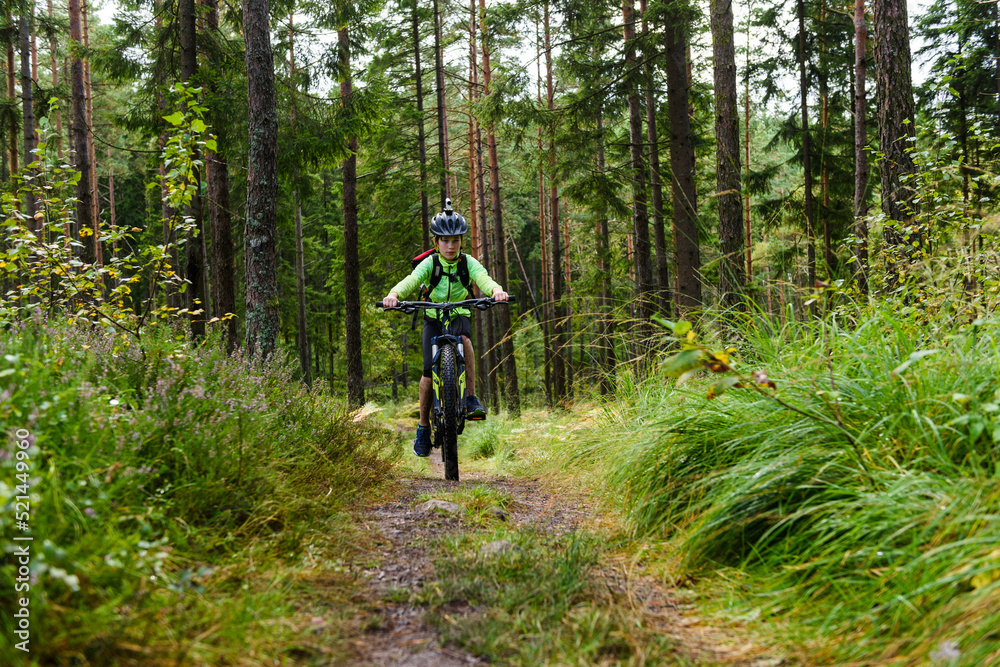Young boy cycling mountain bike in forest