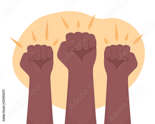 Fighting for equity 2D vector isolated illustration. Clenched fists flat hand gestures on cartoon background. Black lives matter movement colourful editable scene for mobile, website, presentation