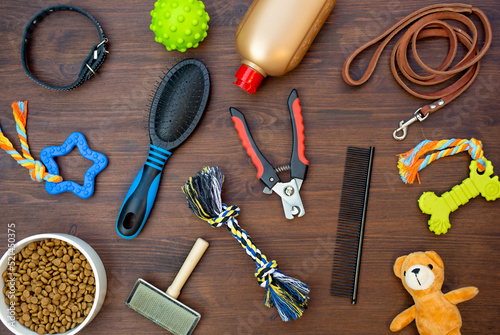 set of pet grooming tools, dog's toys and care accessories.