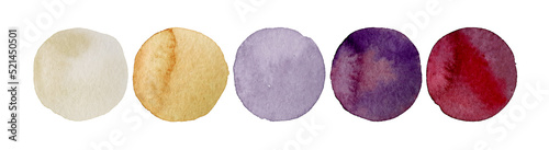 Wedding color palette. Watercolor samples. Example of harmonious color spots combination. Isolated circles. Blobs of different color. Template for Wedding dress code card. Abstract background.