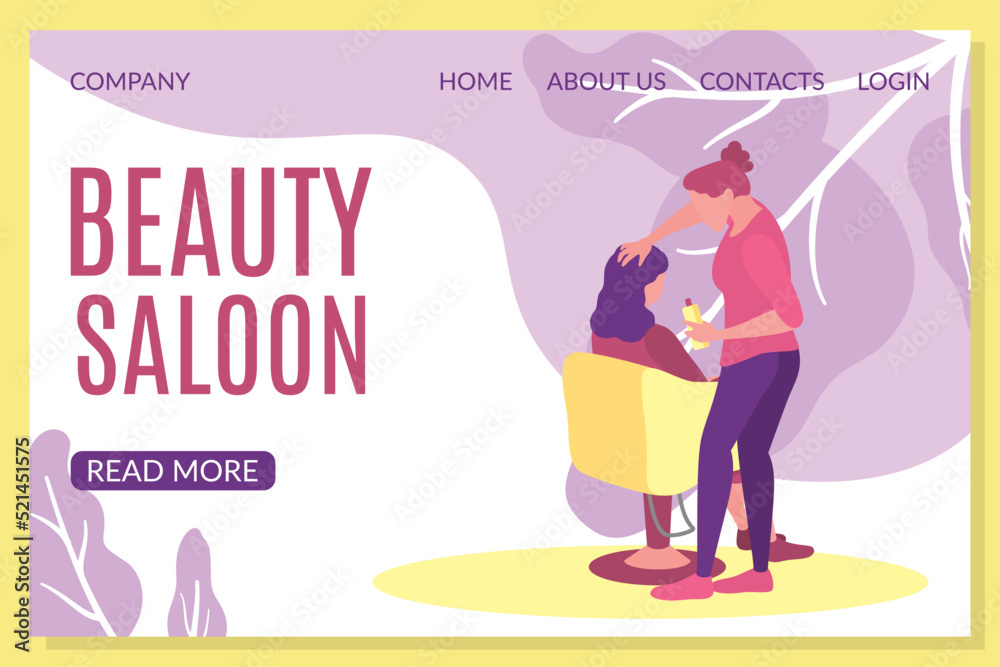 Obraz premium Beauty salon landing page template. Cosmetology, haircutting and barber service concept flat vector illustration. Hairdresser making hairstyle in salon website interface.