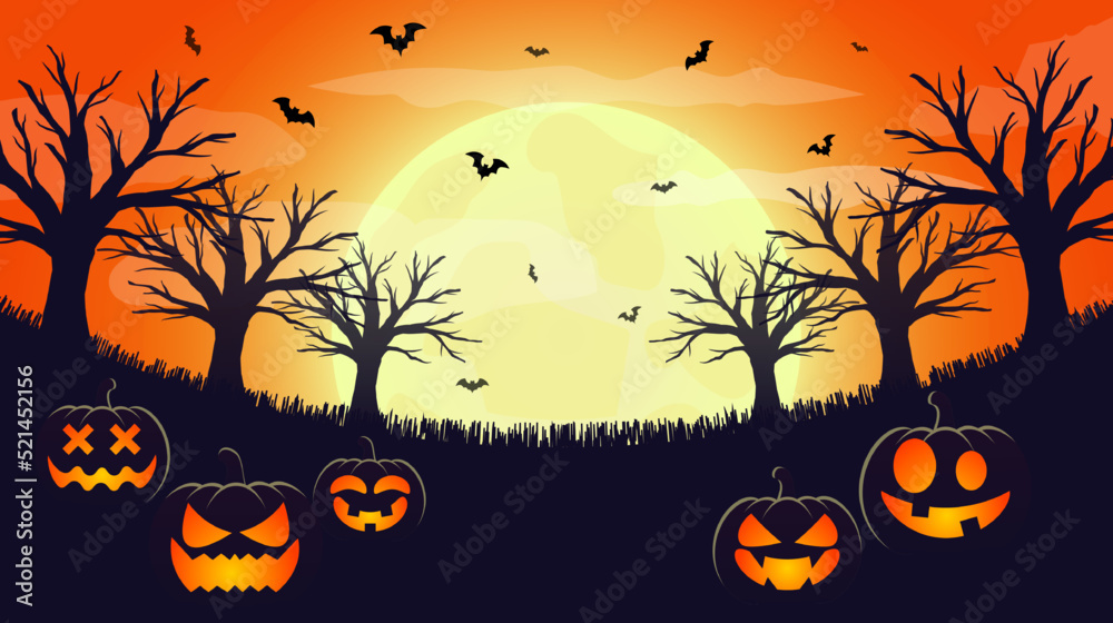 Scary halloween night background. Silhouette illustration of pumpkins, bats, trees on a full moon. Orange and yellow background