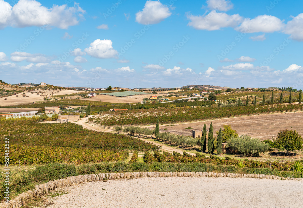 Countryside landscape with the hills of the Campobello di Licata in province of Agrigento, Sicily, Italy