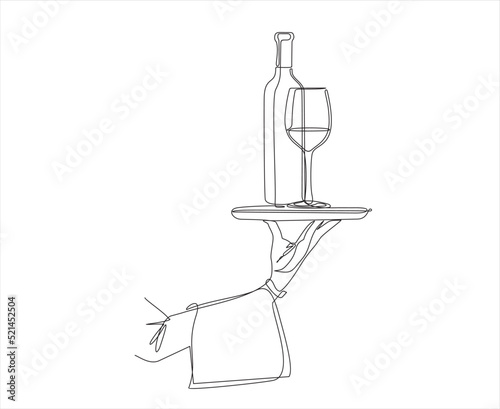 Continuous line vector illustration of hand holding dish with wine bottle with wineglass. Vector illustration.