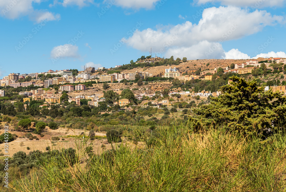 View of Agrigento town from the Temples Valley Archaeological Park, Sicily, Italy