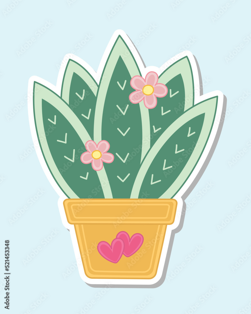 Houseplant with flowers in yellow pot with hearts colorful abstract cartoon vector illustration sticker. Houseplant with flowers in yellow pot with hearts colorful abstract cartoon vector illustration sticker.