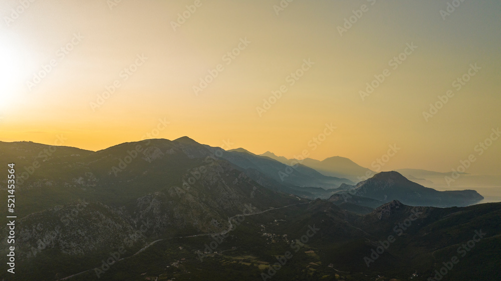 aerial view of mountains during sunrise