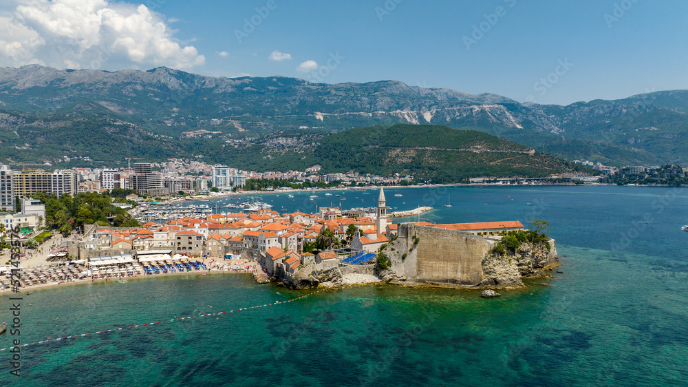aerial view from the sea of old town budva