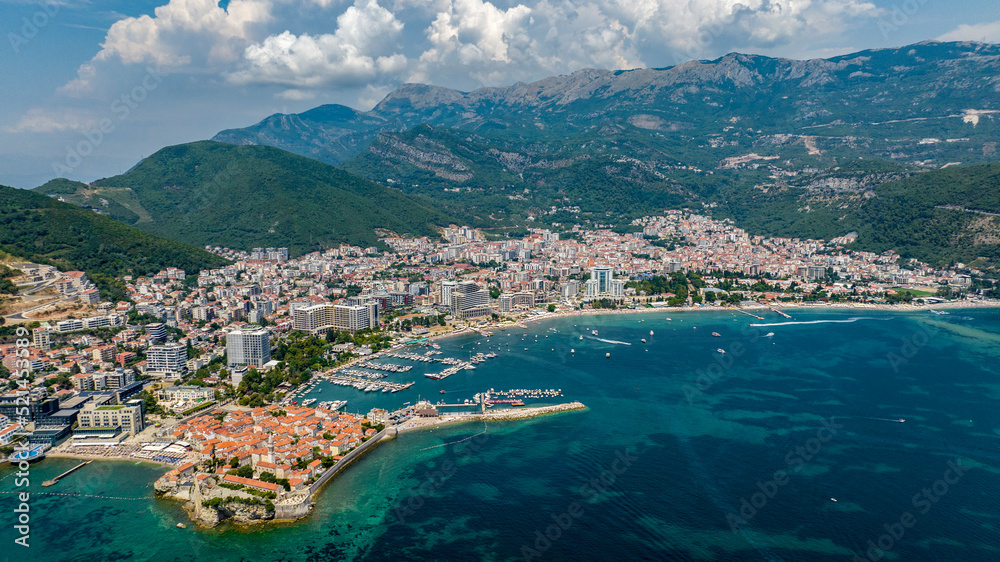 aerial view from the sea of old town budva