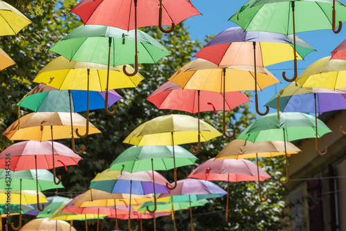 Umbrellas as a roof on the main street of Leran in is a commune in the Ariege department in southwestern France
