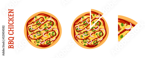 A set of illustrations of BBQ chicken pizza. Whole, cut and a slice of pizza.