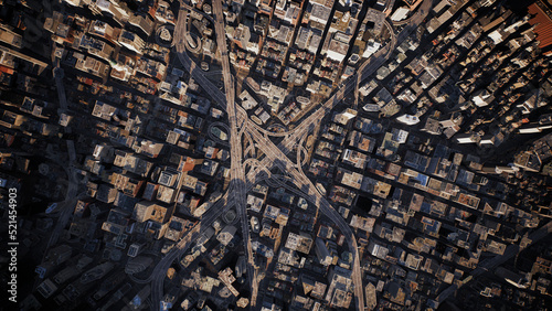 Digital City Bird Eye View Downtown Landscape Aerial Flight Highway Traffic Jams Financial District Green Energy Overpopulation Autonomous Vehicles Ai Concept