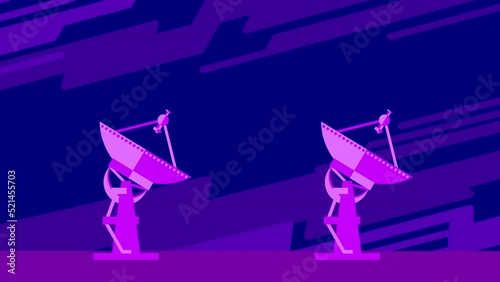 Satellite dish, locator catch and transmit signals from artificial satellite and rocket. Abstract animation from flat drawings of purple attenka on a space theme.