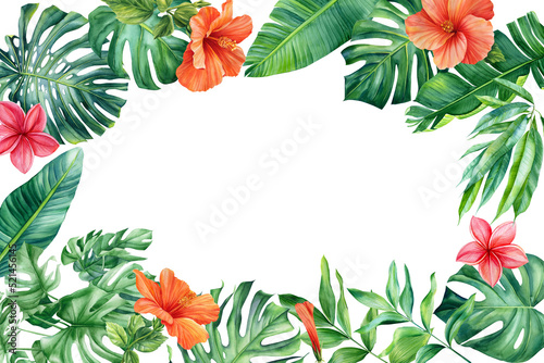 Watercolor palm leaves and hibiscus flowers on isolated white background, Frame floral design