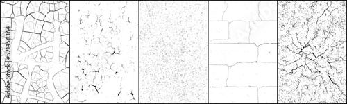 Set of cracks overlay textured. Distressed black texture. Dark grainy texture on white background. Grain noise particles. Rusted white effect. Grunge design elements. Vector illustration, EPS 10.