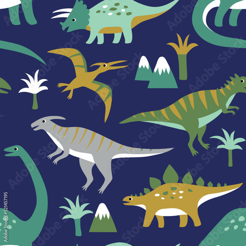 Hand drawn seamless vector pattern with cute dinosaurs  mountains and palm trees. 