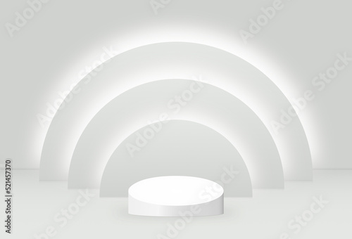 Abstract 3D rendering White cylinder podium studio with a light on the wall. Geometric shape object illustration for banner, poster, and wallpaper. Display for product. copy space.