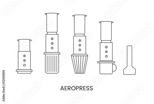 Aeropress for brewing coffee, linear vector illustration