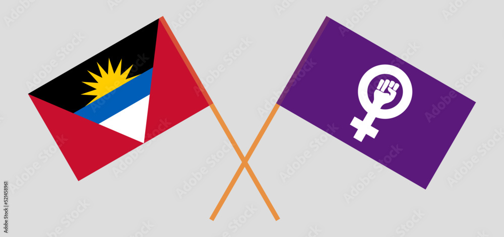 Crossed flags of Antigua and Barbuda and Feminism. Official colors. Correct proportion Crossed flags of Antigua and Barbuda and Feminism. Official colors. Correct proportion