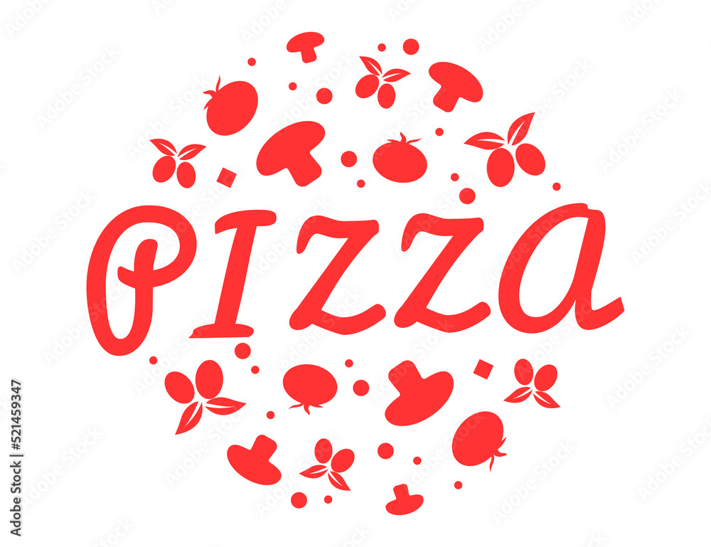italian pizza street food logo with elements of food: cheese, wine, olives, mushrooms, basil, tomato. Vector illustration italian pizza street food logo with elements of food: cheese, wine, olives, mushrooms, basil, tomato. Vector illustration