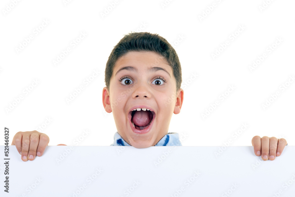 Excited Boy is Holding a Message on Isolated White Background Excited Boy is Holding a Message on Isolated White Background