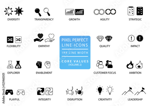 Pixel perfect icon vector set. Corporate core values conceptual collection of symbols for business presentations and website. 
