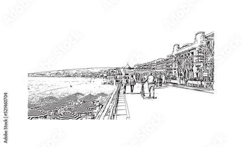 Building view with landmark of Nice is the 
city in France. Hand drawn sketch illustration in vector.