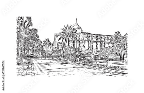 Building view with landmark of Nice is the 
city in France. Hand drawn sketch illustration in vector.