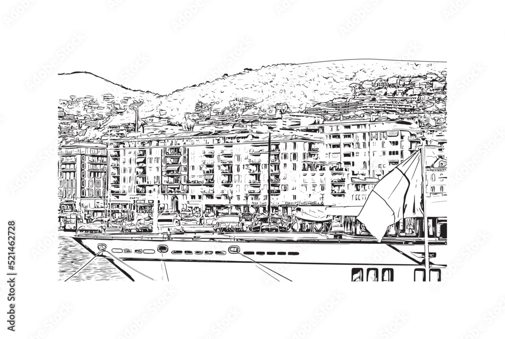 Obraz premium Building view with landmark of Nice is the city in France. Hand drawn sketch illustration in vector.