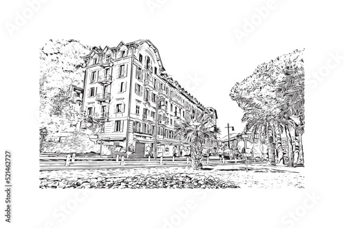 Building view with landmark of Nice is the city in France. Hand drawn sketch illustration in vector.