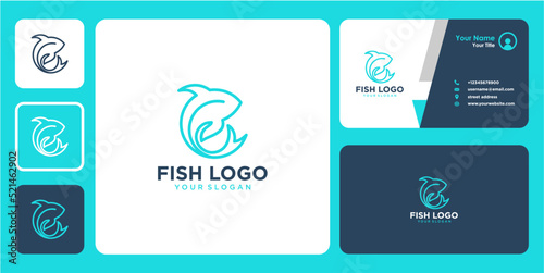 fish logo design with line art and business card