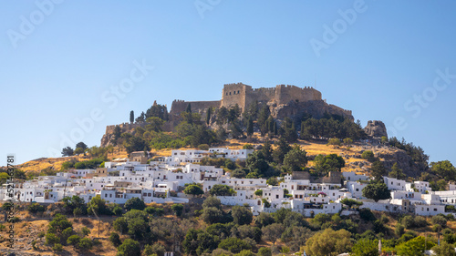 Lindos town with the Acropolis on Rhodes island, Greece, Europe.