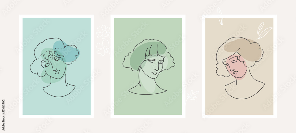 Beautiful women faces in the 1920s style with flowers and leaves. Vintage one line style portraits.