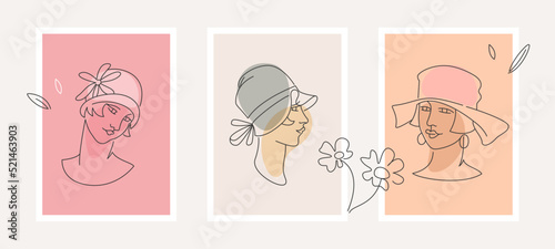 Beautiful women portraits in the 1920s style with hats and leaves. Vintage one line style faces.