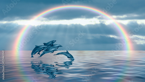 Group of dolphins jumping on the water with amazing rainbow  © muratart
