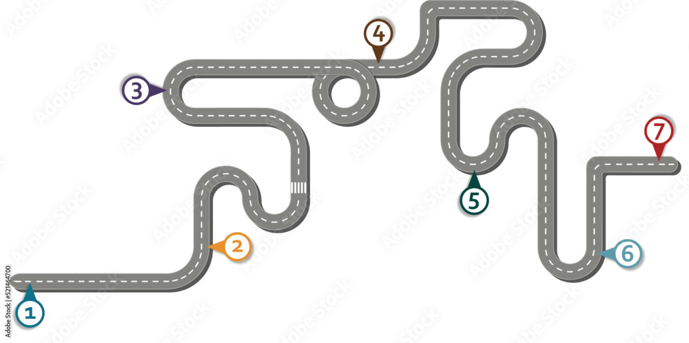 Business workflow roadmap, infographic flat lay style, in 16:9 wide, HD format on white without text background with 7 check points