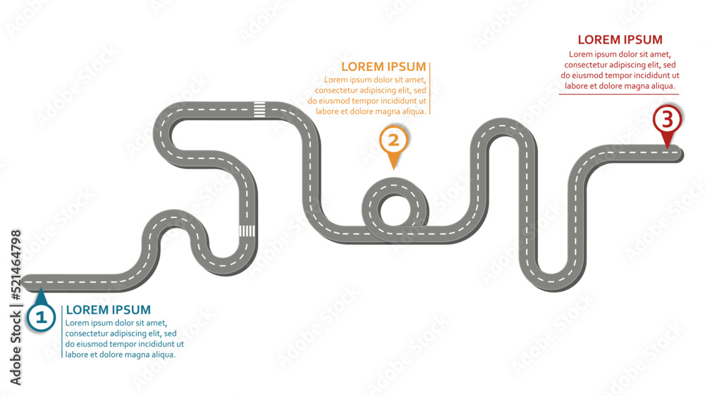 Business workflow roadmap, infographic flat lay style, in 16:9 wide, HD format on white background with 3 check points