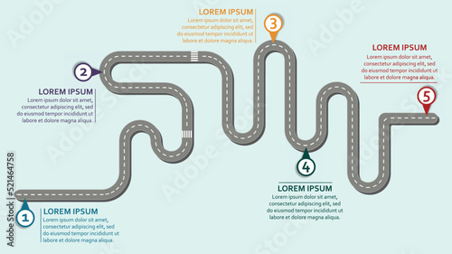 Business workflow roadmap, infographic flat lay style,  in 16:9 wide, HD format on soft blue without text background with 5 check points