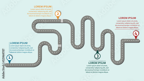 Business workflow roadmap, infographic flat lay style,  in 16:9 wide, HD format on soft blue background with 4 check points