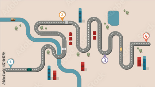 Business workflow roadmap, infographic flat lay style,  in 16:9 wide, HD format on colourful city design without text background with 4 check points